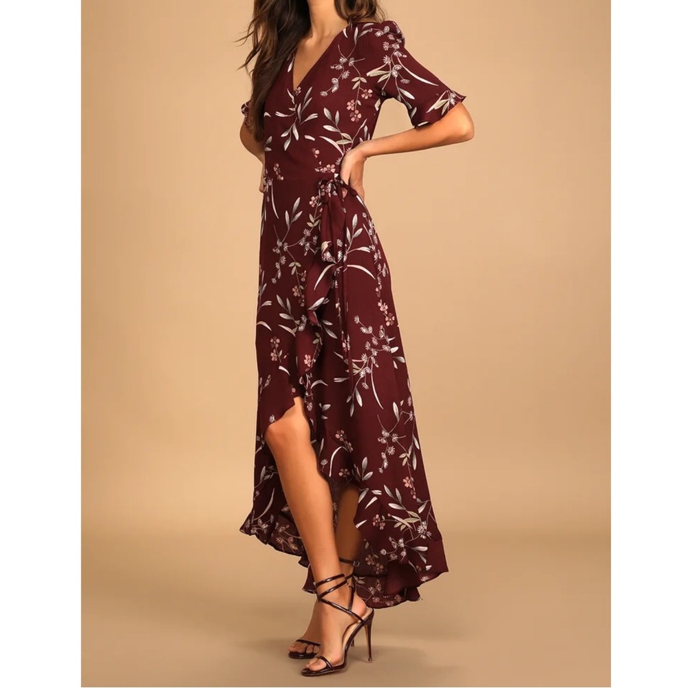 NWT Lulus Wild Winds Burgundy Floral Print High-Low Wrap Dress Medium